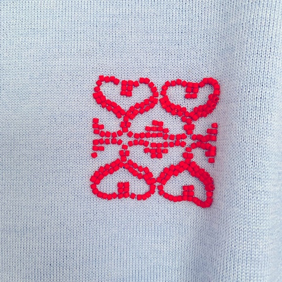 Sandro Blue Crew Neck Sweater with Red Beaded Logo - Picture 3 of 5
